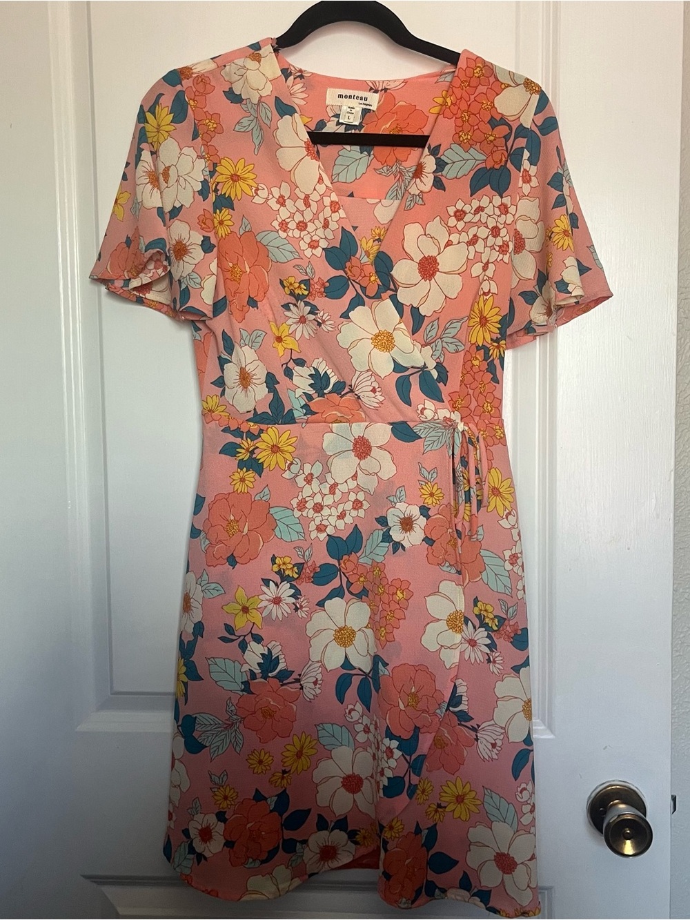 Monteau Pink Floral Wrap Mini Dress with Multicolor Blooms